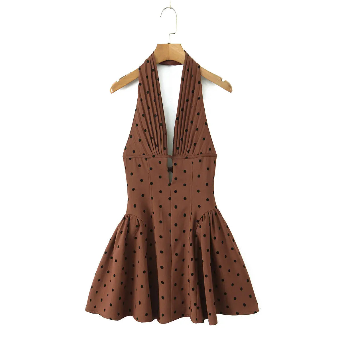 Coffee Polka Dot Halter Mini Dress