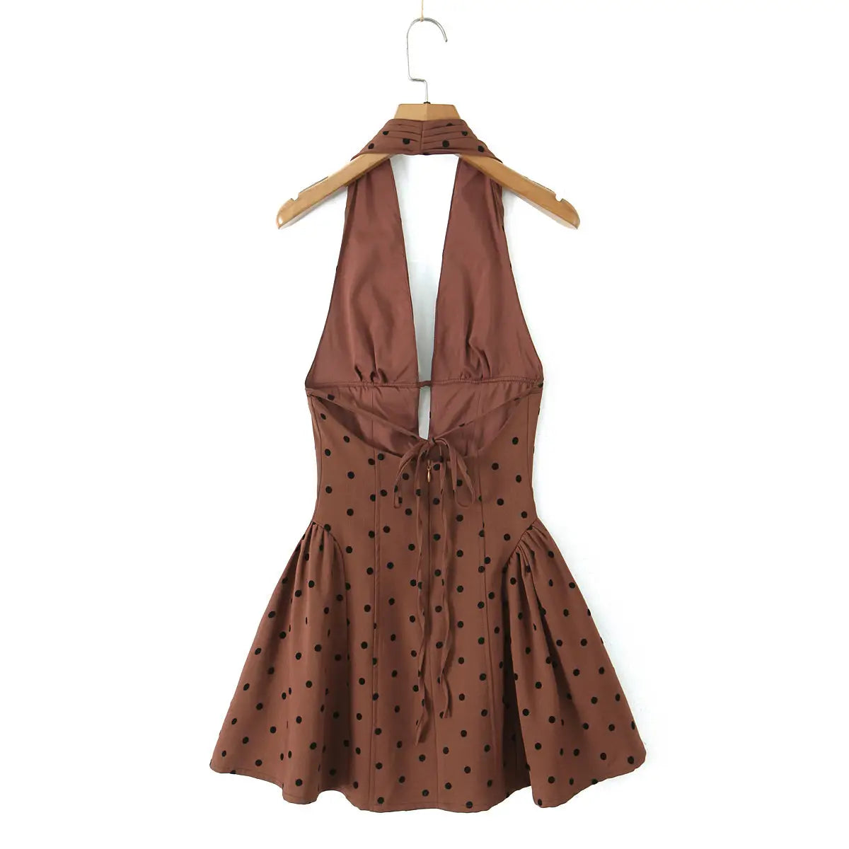 Coffee Polka Dot Halter Mini Dress