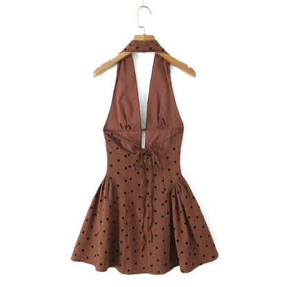 Coffee Polka Dot Halter Mini Dress