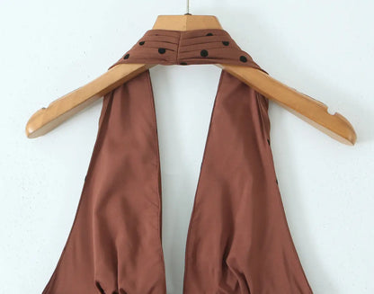 Coffee Polka Dot Halter Mini Dress