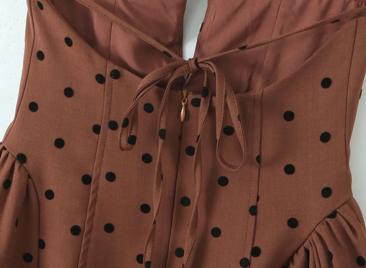 Coffee Polka Dot Halter Mini Dress