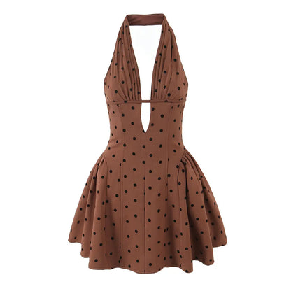 Coffee Polka Dot Halter Mini Dress