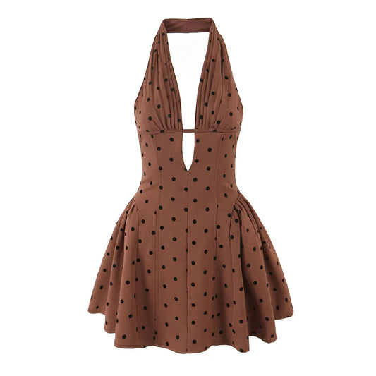 Coffee Polka Dot Halter Mini Dress