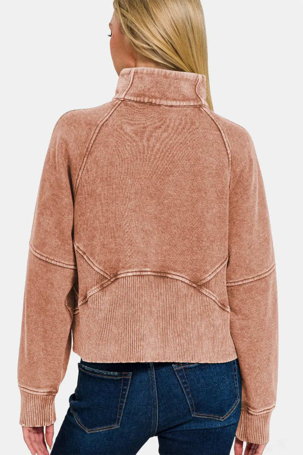 Back view of a woman wearing a Zenana acid washed half zip fleece sweatshirt in brown with ribbed cuffs and hem