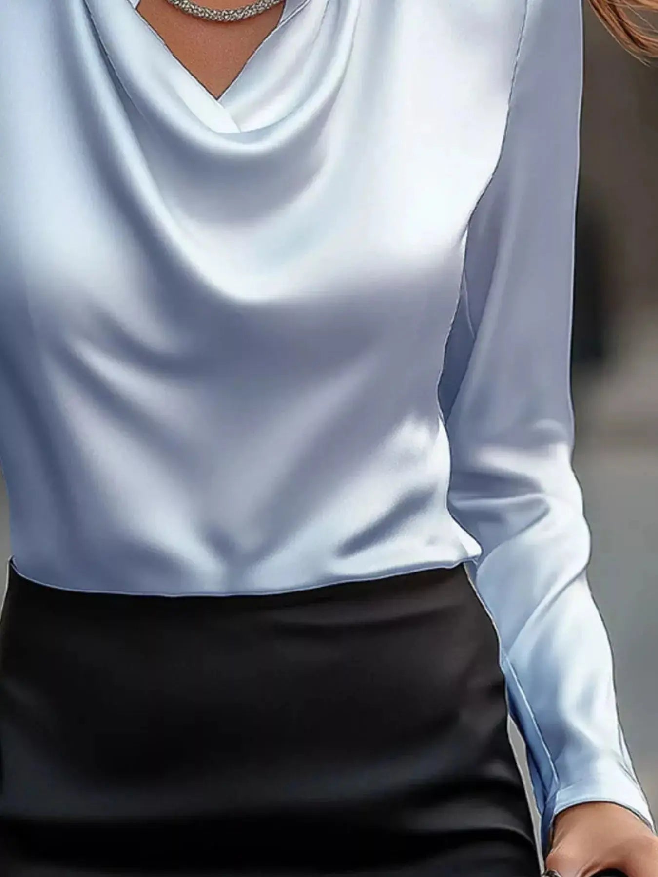 Full Size Satin Cowl Neck Long Sleeve Blouse Plus Size