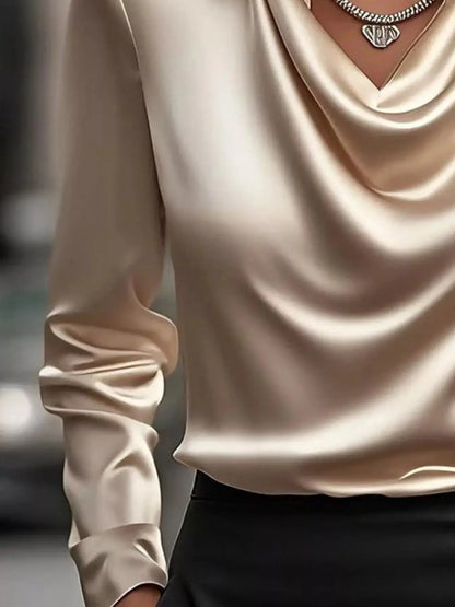 Full Size Satin Cowl Neck Long Sleeve Blouse Plus Size