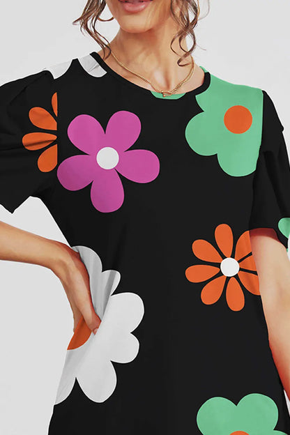 Blusa de manga corta con cuello redondo y flores FAM-FAM