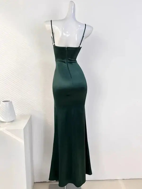 Elegant Mermaid Spaghetti Straps Sleeveless Satin Long Prom Dress Simple Party Evening Gown With Slit