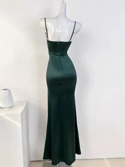 Elegant Mermaid Spaghetti Straps Sleeveless Satin Long Prom Dress Simple Party Evening Gown With Slit