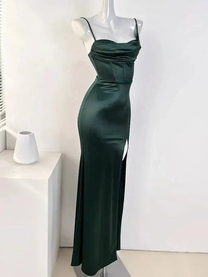Elegant Mermaid Spaghetti Straps Sleeveless Satin Long Prom Dress Simple Party Evening Gown With Slit