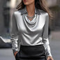 Full Size Satin Cowl Neck Long Sleeve Blouse Plus Size