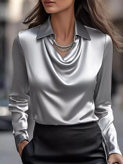 Full Size Satin Cowl Neck Long Sleeve Blouse Plus Size