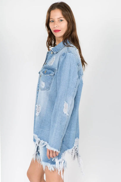 American Bazi – Jeansjacke im Distressed-Look mit ausgefranstem Saum
